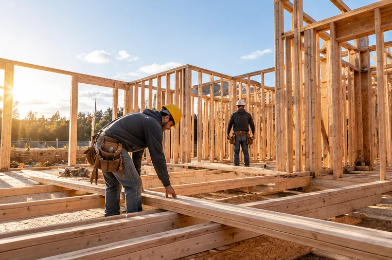 Construction site with crews reviewing a large building project
